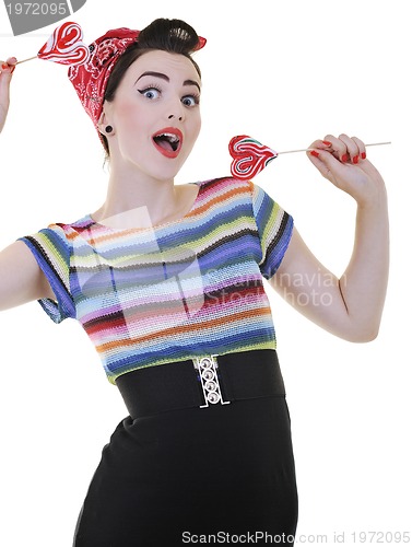 Image of happy woman with lollipop isolated on white 