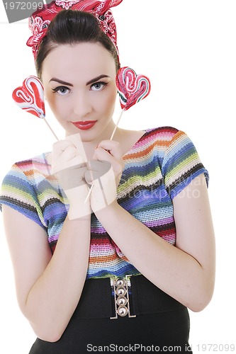 Image of happy woman with lollipop isolated on white 