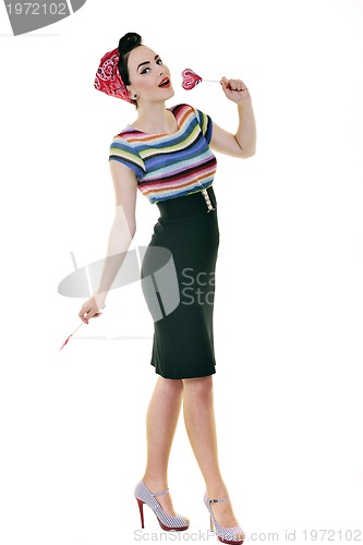 Image of pretty young happy woman with travel bag waiting and posing isol