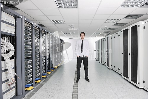 Image of young engeneer in datacenter server room