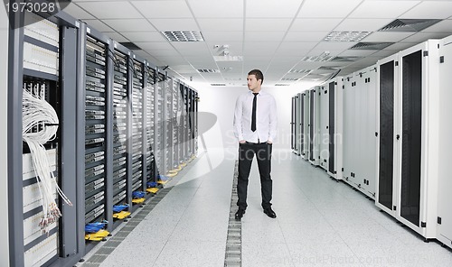 Image of young engeneer in datacenter server room