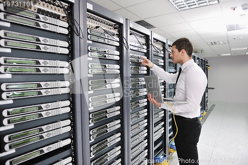 Image of young engeneer in datacenter server room