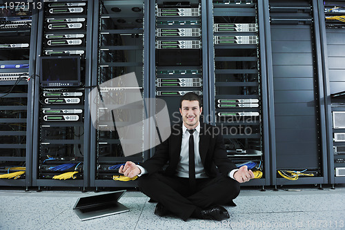 Image of business man practice yoga at network server room