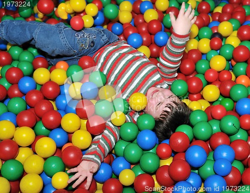 Image of happy child in colorful balls 