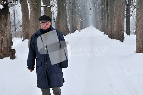 Image of one senior man wak outdoor in nature