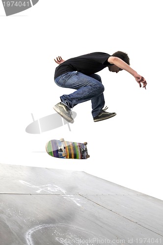 Image of Boy practicing skate in a skate park - isolated