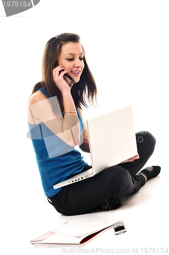 Image of one young girl work on laptop isolated on white