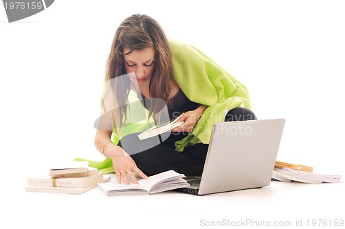 Image of one young girl work on laptop isolated on white