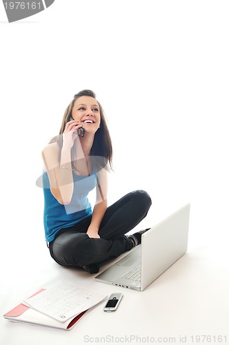 Image of one young girl work on laptop isolated on white