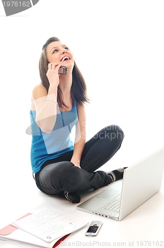 Image of one young girl work on laptop isolated on white