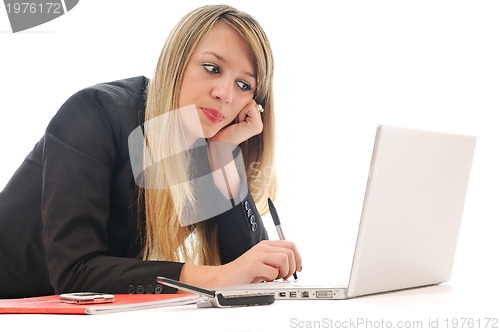 Image of one young girl work on laptop isolated on white