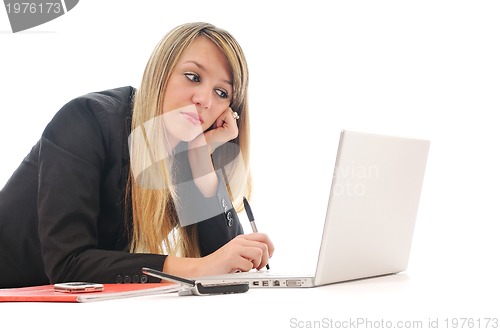 Image of one young girl work on laptop isolated on white