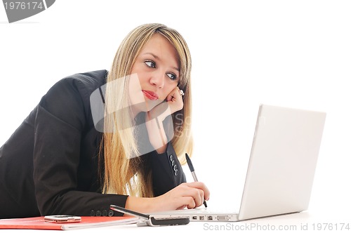 Image of one young girl work on laptop isolated on white