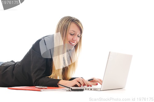 Image of one young girl work on laptop isolated on white