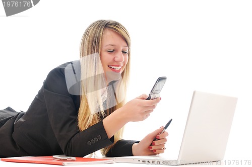 Image of one young girl work on laptop isolated on white