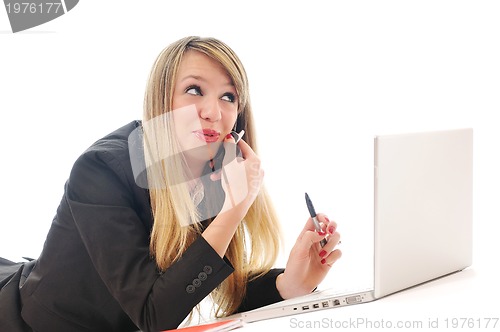 Image of one young girl work on laptop isolated on white