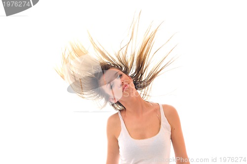 Image of party woman isolated with wind in hair