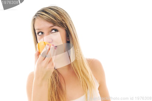 Image of woman portrait with orange isolated on white 