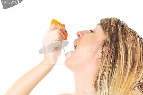 Image of woman portrait with orange isolated on white 