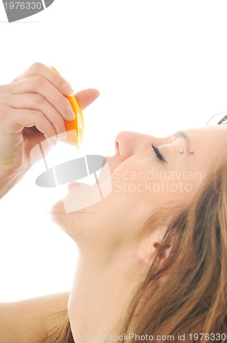 Image of woman portrait with orange isolated on white 