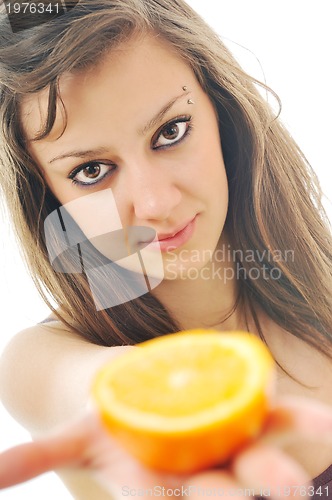 Image of woman portrait with orange isolated on white 