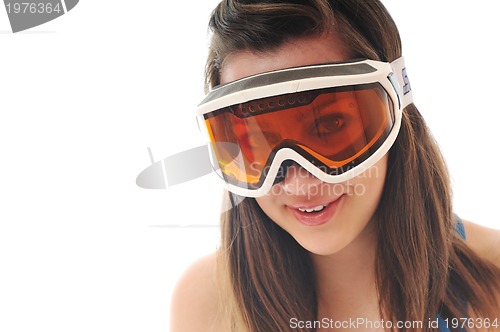Image of woman with ski googles isolated on white