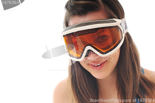 Image of woman with ski googles isolated on white
