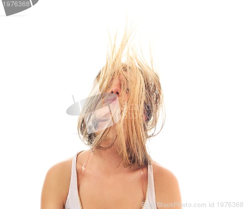 Image of party woman isolated with wind in hair