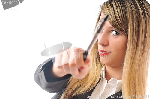 Image of one young business woman with pen