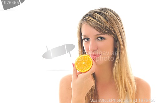 Image of woman isolated on white hold orange