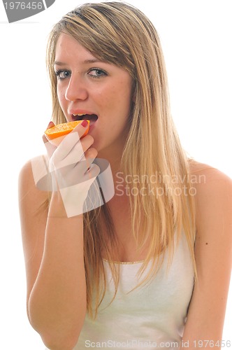 Image of woman isolated on white hold orange