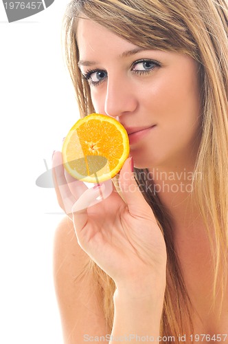 Image of woman isolated on white hold orange
