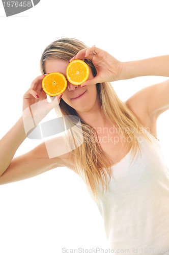 Image of woman isolated on white hold orange