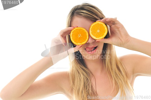 Image of woman isolated on white hold orange