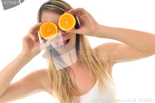 Image of woman isolated on white hold orange