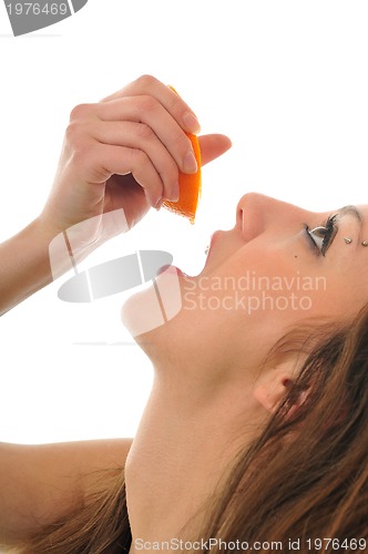 Image of woman isolated on white hold orange