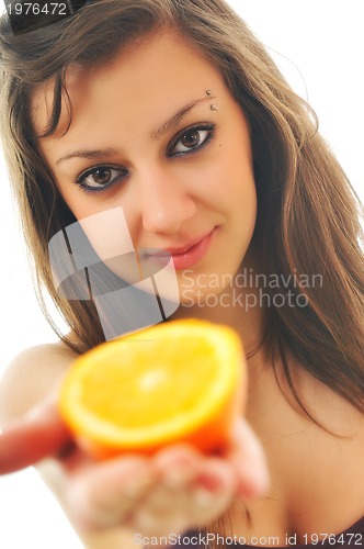 Image of woman isolated on white hold orange