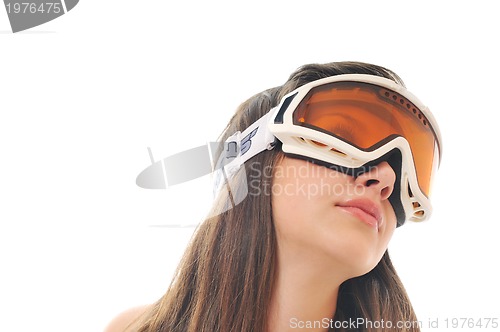 Image of woman with ski googles isolated on white