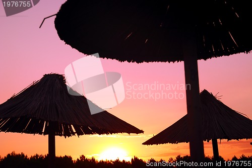 Image of sunshine on beach with beach umbrellas silhouette