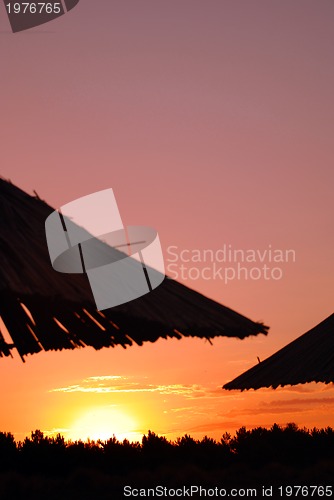 Image of sunshine on beach with beach umbrellas silhouette