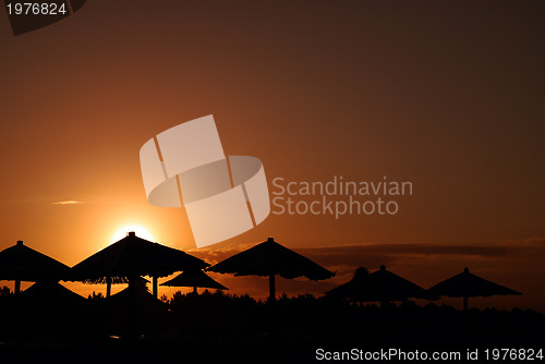 Image of sunshine on beach with beach umbrellas silhouette