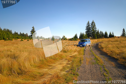 Image of blue van in nature