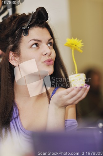 Image of portrait of beautiful young woman with nice hairstyle