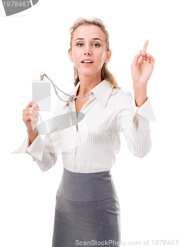 Image of friendly office manager (employee services) shows her badge