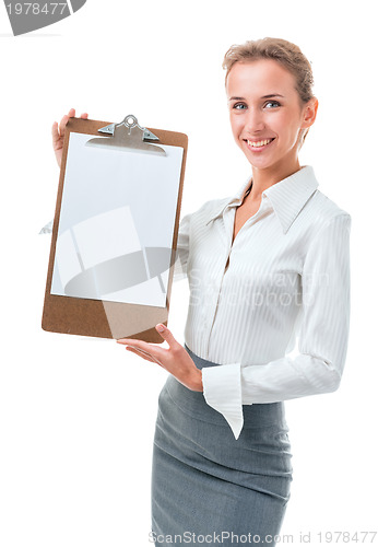 Image of woman shows a blank clipboard