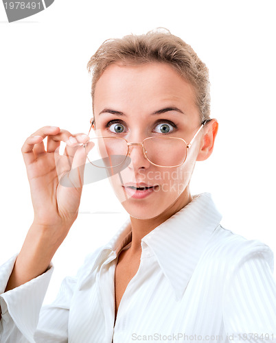 Image of Portrait of a surprised woman with glasses