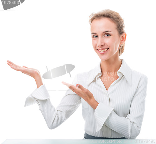 Image of friendly administrative assistant making hand gestures