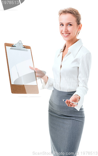 Image of woman shows a blank clipboard