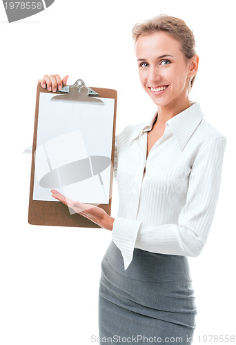 Image of woman shows a blank clipboard