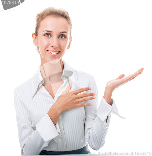 Image of friendly administrative assistant making hand gestures